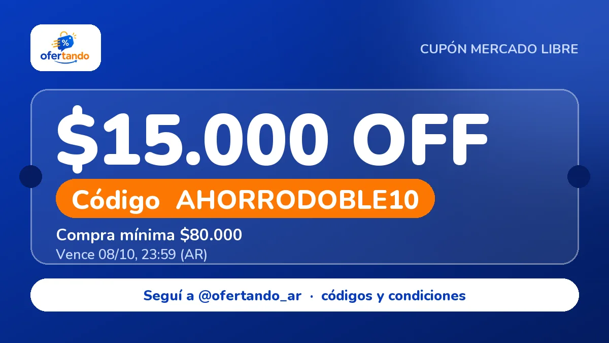 Cupón AHORRODOBLE10 de Mercado Libre: $15.000,00 de descuento